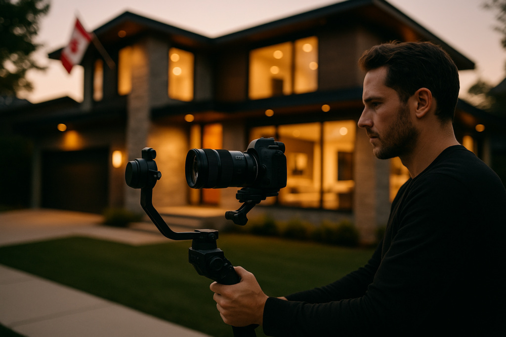 Videographer filming luxury home exterior with gimbal camera at dusk