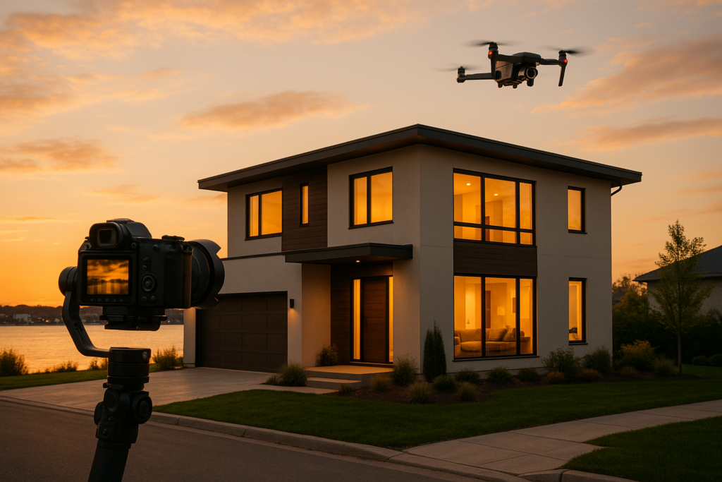 Drone and cinema camera filming luxury modern home at sunset