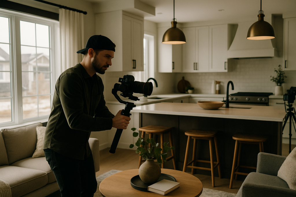 Videographer filming cinematic real estate footage in a modern kitchen living space