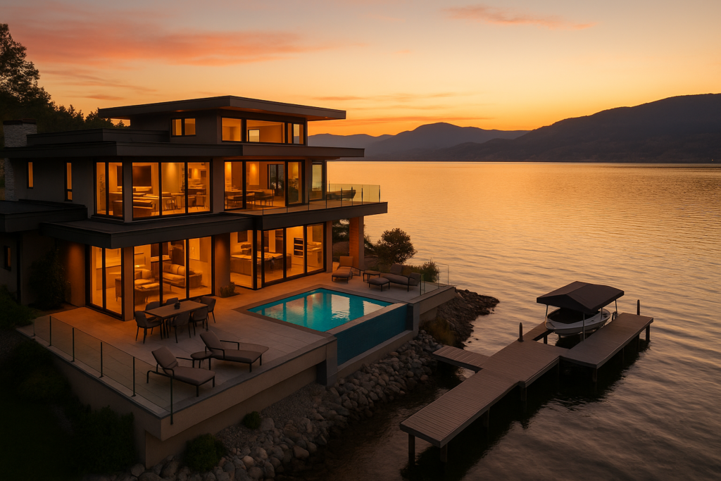 Luxury lakeside villa at sunset with infinity pool and private dock
