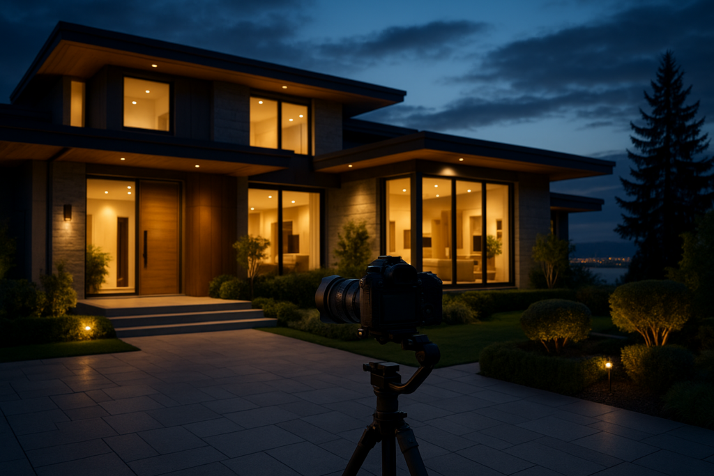 Luxury home cinematography setup at dusk with professional camera stabilizer
