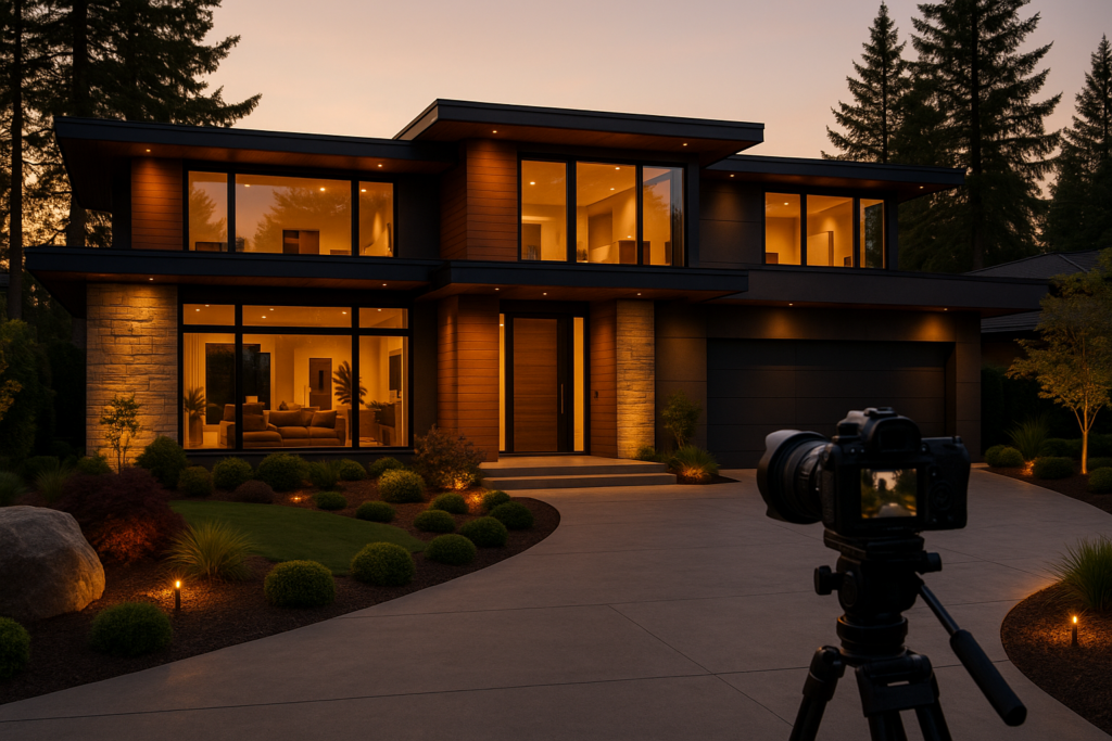 Camera filming luxury modern home exterior at dusk with cinematic lighting