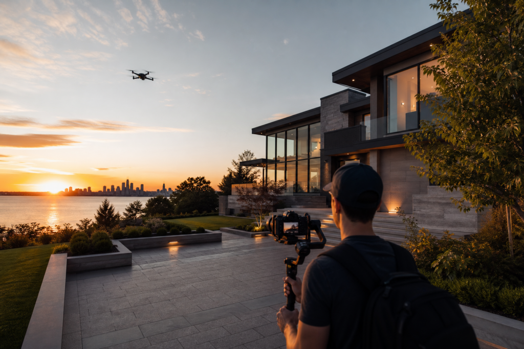Cinematographer filming luxury waterfront home at sunset with drone and city skyline