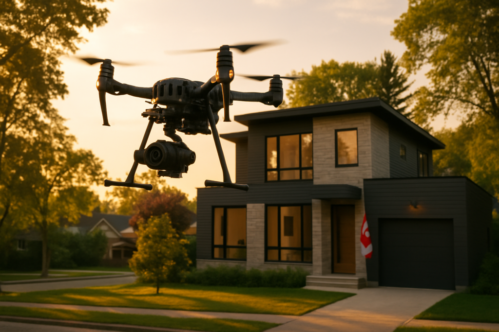 Cinematic drone filming modern home exterior at golden hour