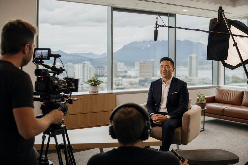 Corporate interview video production with camera, boom mic, and city mountain backdrop