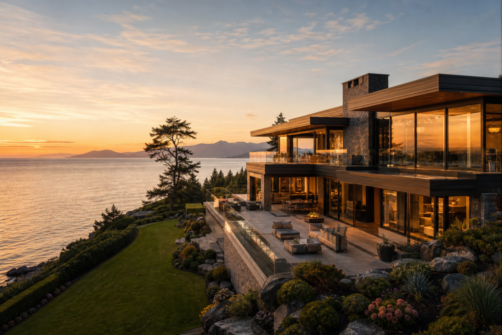 Cinematic waterfront luxury home glowing at sunset with mountain views and glass terraces