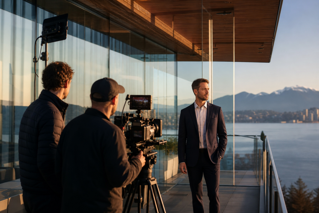 Film crew shoots suited executive on glass balcony overlooking mountains and waterfront