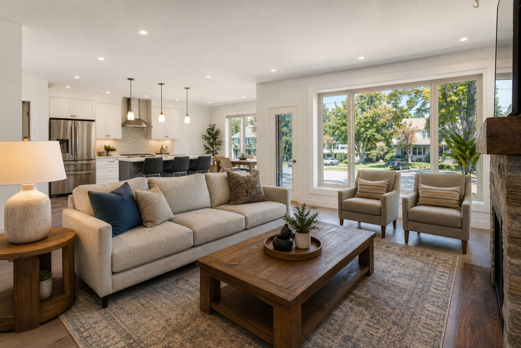 Bright open-concept living room and kitchen with modern furnishings and large windows