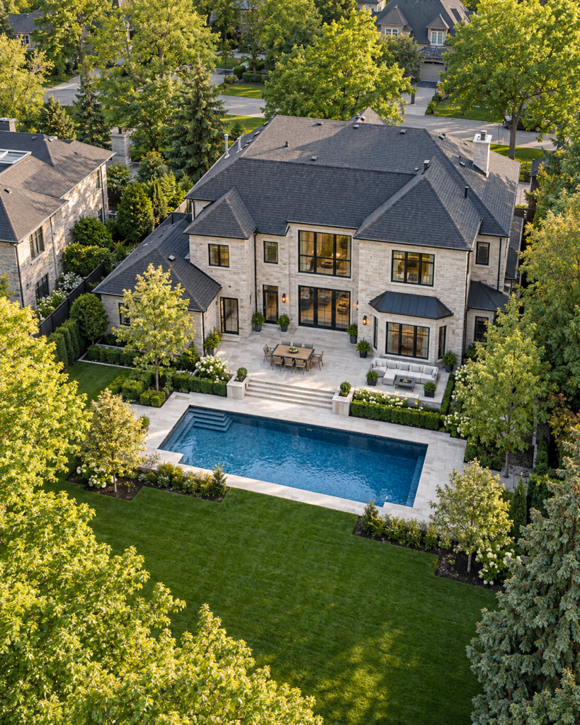 AI-generated property photography concept — an aerial view of an Ontario home with a landscaped yard and pool