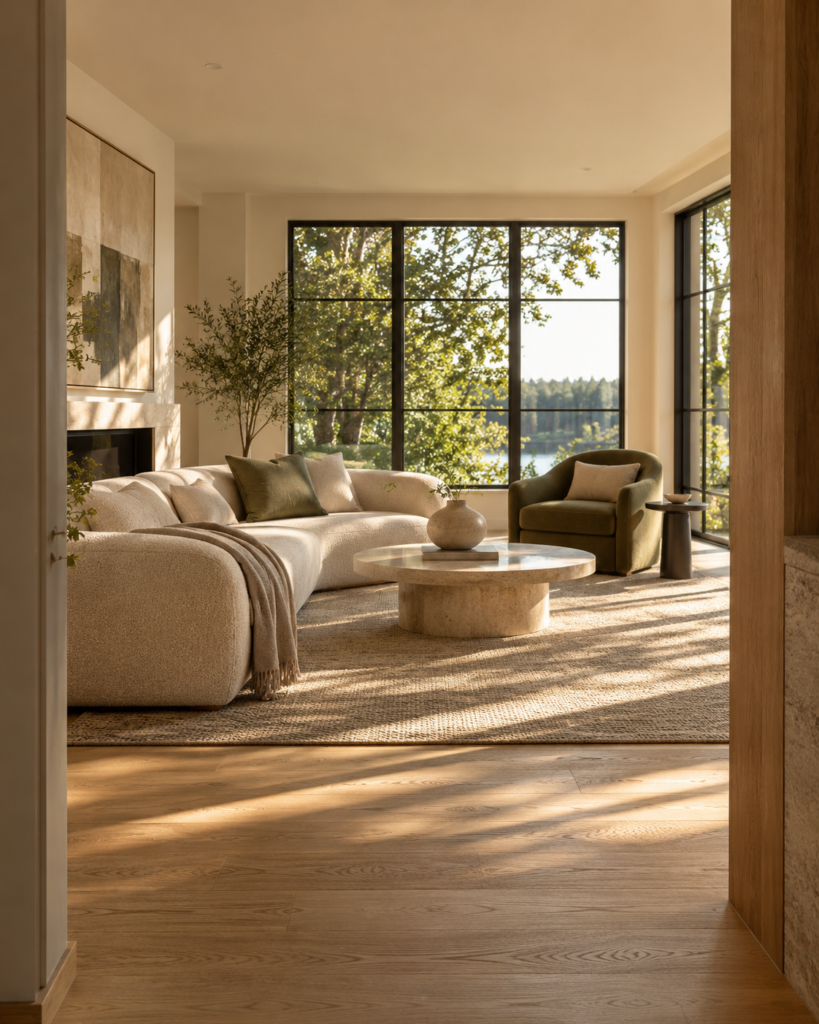 AI-generated property photography concept — a sunlit contemporary living room with cream furniture and olive accents
