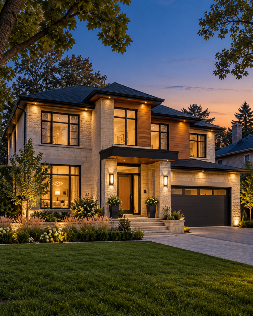 AI-generated property photography concept — an Ontario home at twilight with warm window lighting